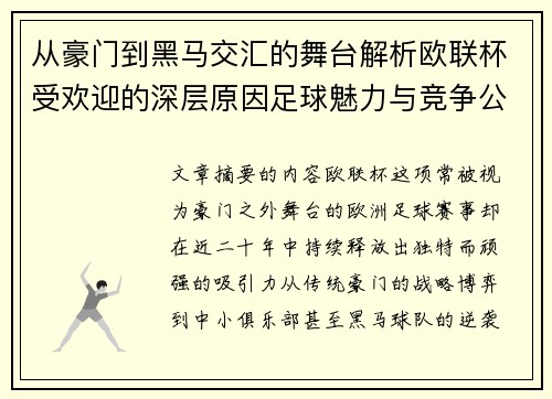 从豪门到黑马交汇的舞台解析欧联杯受欢迎的深层原因足球魅力与竞争公平性
