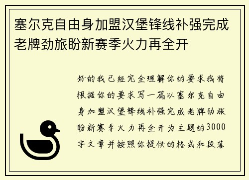 塞尔克自由身加盟汉堡锋线补强完成老牌劲旅盼新赛季火力再全开